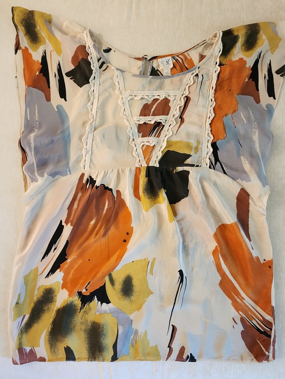 Anthropologie Women's Abstract Brushstroke Lace-Front Top - White/Orange